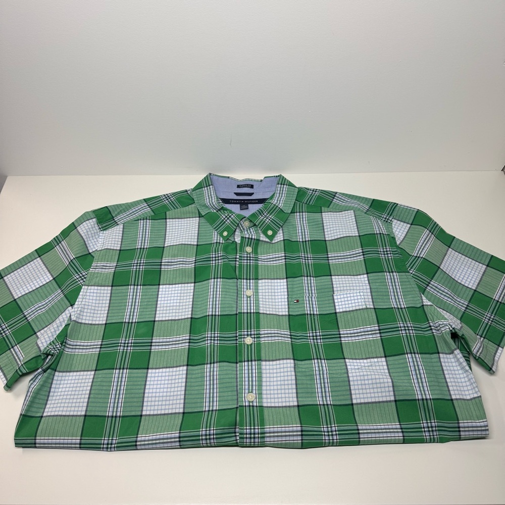 Tommy Hilfiger Green and White Plaid Shirt